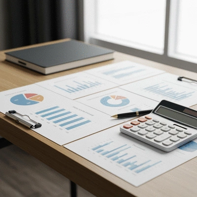 Graphs and charts representing financial planning and growth on a modern desk