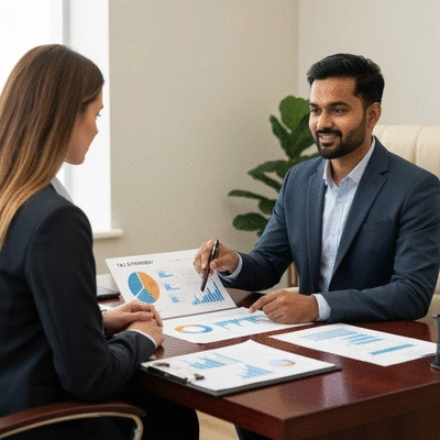 Financial advisor explaining tax strategy to a high-income earner, with charts and documents on a desk