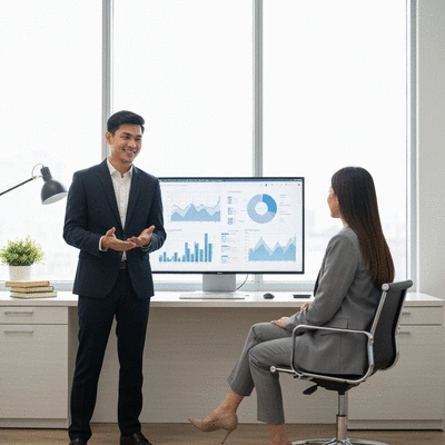 Professional wealth management adviser discussing financial strategy with a client in a modern office, charts and graphs visible on screen