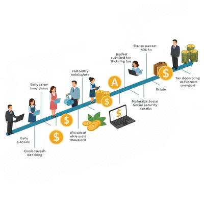 Detailed timeline illustrating key retirement planning milestones across different age groups, no text, no words, no typography, clean image