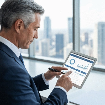 Financial advisor using wealth management software on a tablet, showing charts and data, in a modern office, no text, no words, no typography, 8K