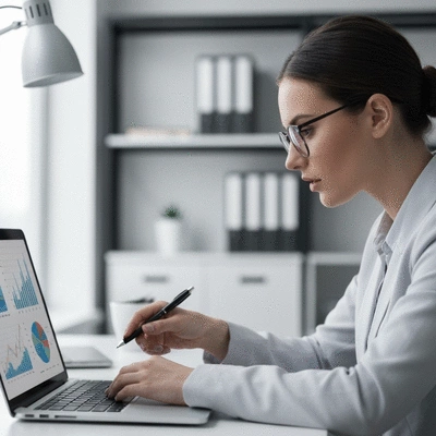 Financial adviser looking at financial charts and graphs on a laptop in a modern office