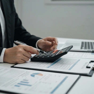 Close-up of a person's hands holding a calculator and a pen, with financial documents and a laptop in the background, suggesting tax planning and investment analysis. Modern office setting. no text, no words, no typography, no labels, clean image