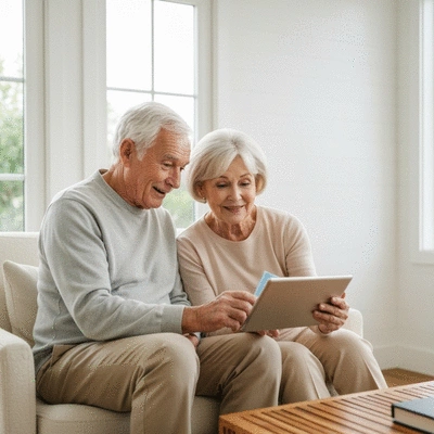 Elderly couple looking happily at a tablet, discussing finances, no text, no words, no typography, 8K