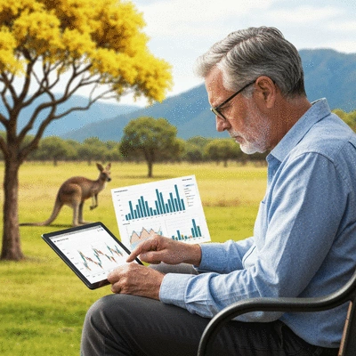 Person looking at financial charts on a tablet, symbolizing retirement planning in Australia