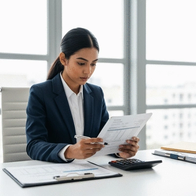 Financial adviser reviewing documents on a tablet, with tax forms and a calculator on a modern desk