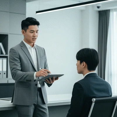 Financial advisor explaining CGT concepts to an investor on a tablet, professional setting