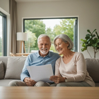 Elderly couple happily reviewing retirement documents at home