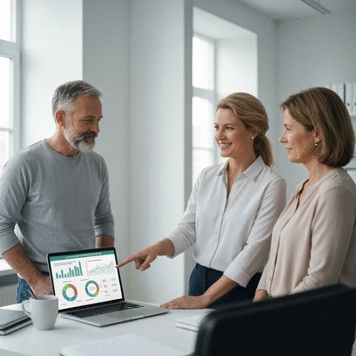 Financial advisor explaining retirement plans to a couple, showing charts on a laptop, no text, no words, no typography, 8K