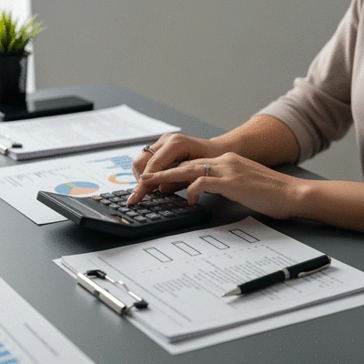 Image of a person using a financial calculator and reviewing a checklist on a desk, no text, no words, no typography, clean image