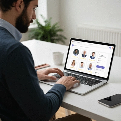 Person using a laptop to browse an online platform for financial adviser referrals