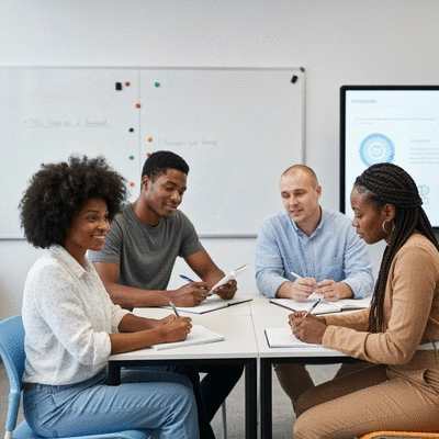Diverse group of people attending a financial literacy workshop, looking engaged and taking notes