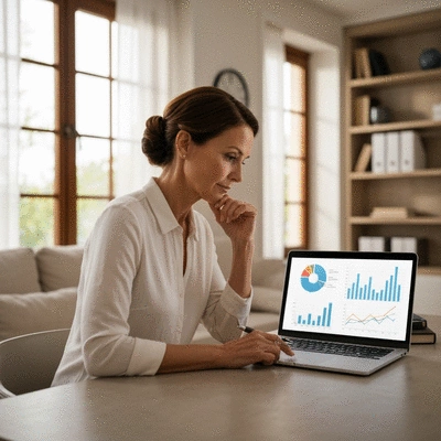Person studying financial charts and graphs on a laptop, symbolizing financial literacy and informed decision-making, in a modern home office setting, no text, no words, no typography, clean image