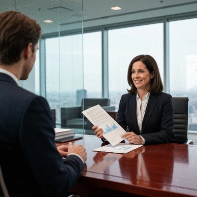 Professional financial advisor assisting a client with digital onboarding on a laptop, clean modern office, no text, no words, no typography, 8K