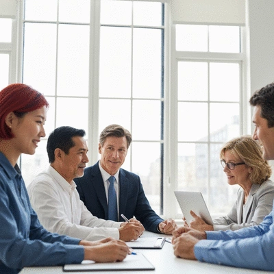 Financial adviser meeting with clients in a modern office, showing professionalism and trust