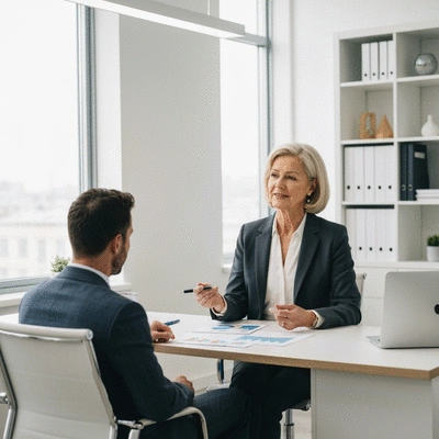 Financial adviser discussing strategies with a client in a modern office setting