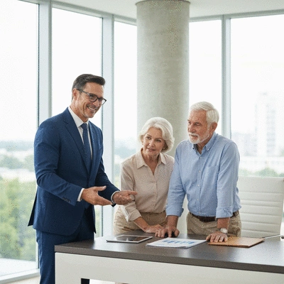 Financial advisor explaining retirement plan to a senior couple