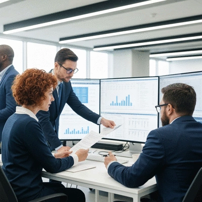 Diverse group of people in a modern office collaborating on financial documents, screens with data visible