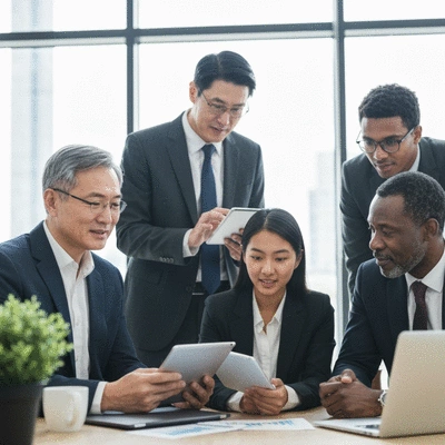 Diverse group of investors reviewing financial data on tablets and laptops